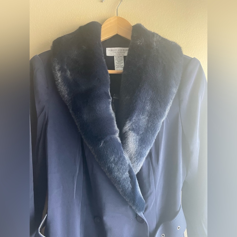 New Naked Wardrobe Women Navy Blue Long Coat Jacket Button Belts Pockets Large - Picture 2 of 11